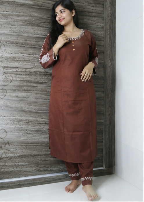 🤎 Elegant Brown Embroidered Kurta Set for Women