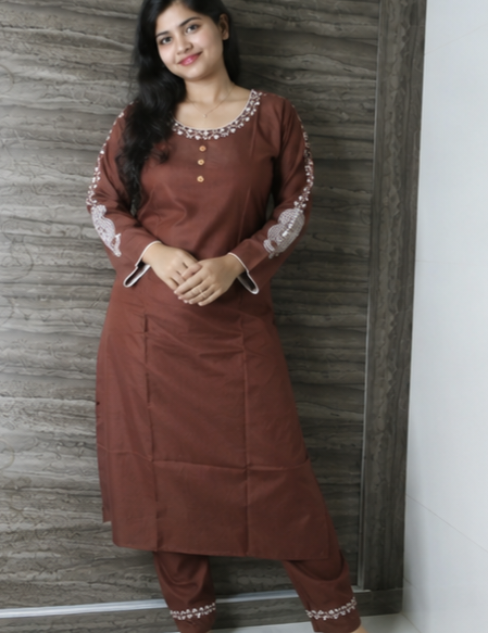 🤎 Elegant Brown Embroidered Kurta Set for Women