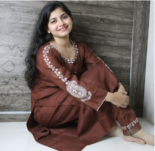 🤎 Elegant Brown Embroidered Kurta Set for Women