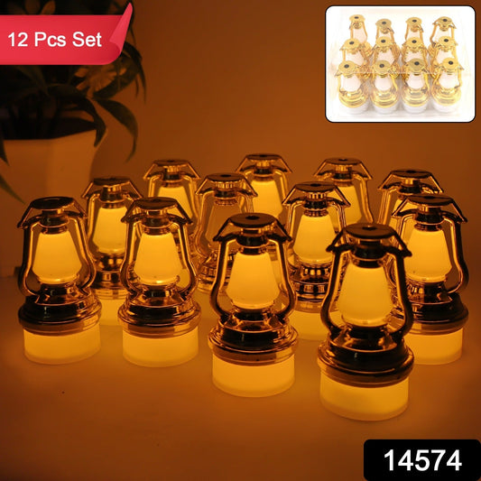 Close-up of flameless LED candles in vintage lantern style for home decor