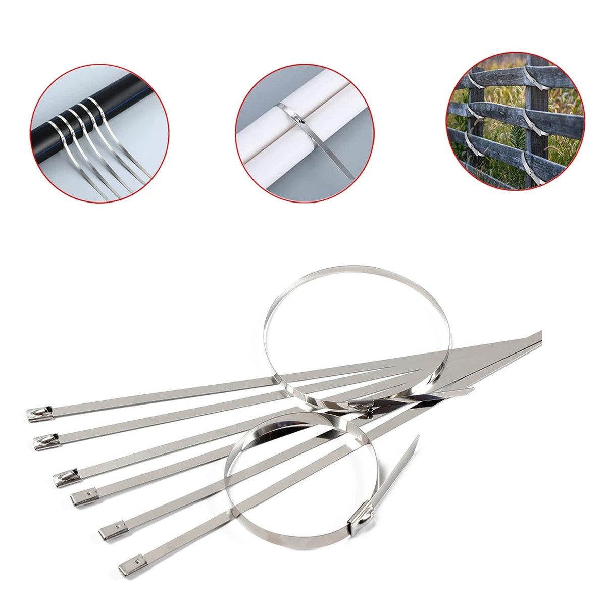 Plain background with a single stainless steel cable tie, highlighting its sleek design.