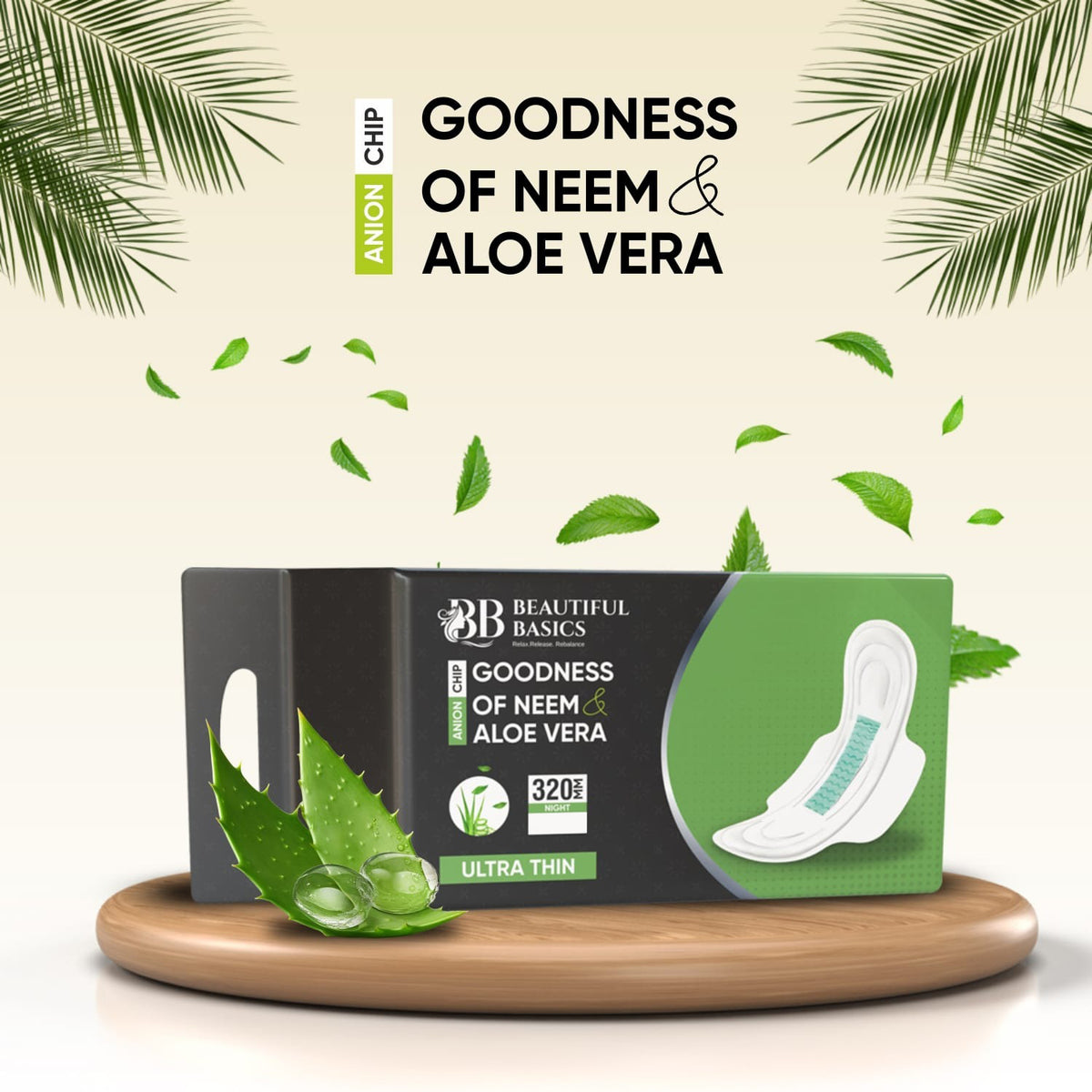 0982 Sanitary Pads For Women With Goodness Of Neem  Aloe Vera  Ultra Thin  Leakage Protection  Ph Balance  With Antibacterial Anion Chip  5x More Absorbance (320 Mm  32 Pads)