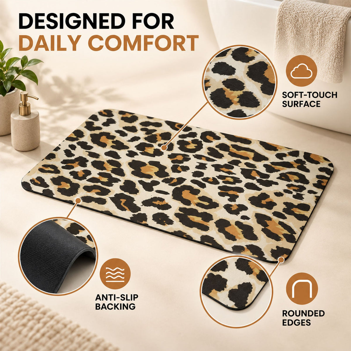 Absorbent Bathroom Mat Leopard Print Quick Dry Bath Mat (1 Pc 50x80 Cm)