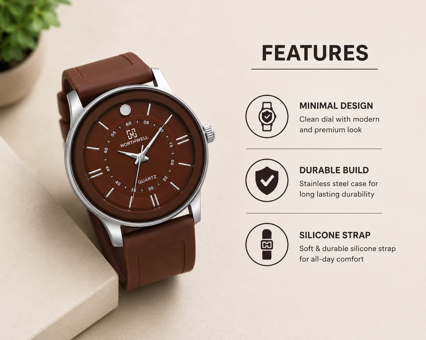Men's Brown Analog Quartz Watch with Premium Silicone Strap | 44mm Dial | Stylish Casual Watch