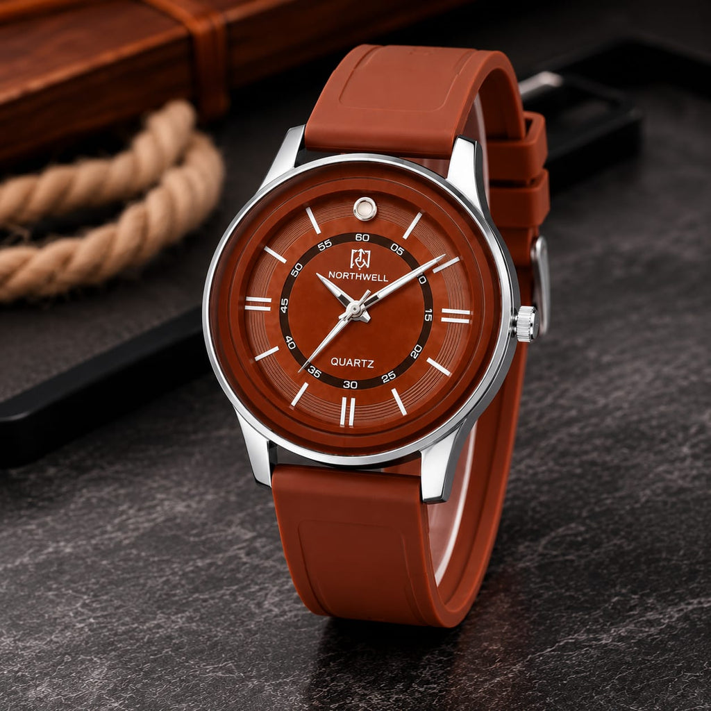 Men's Brown Analog Quartz Watch with Premium Silicone Strap | 44mm Dial | Stylish Casual Watch
