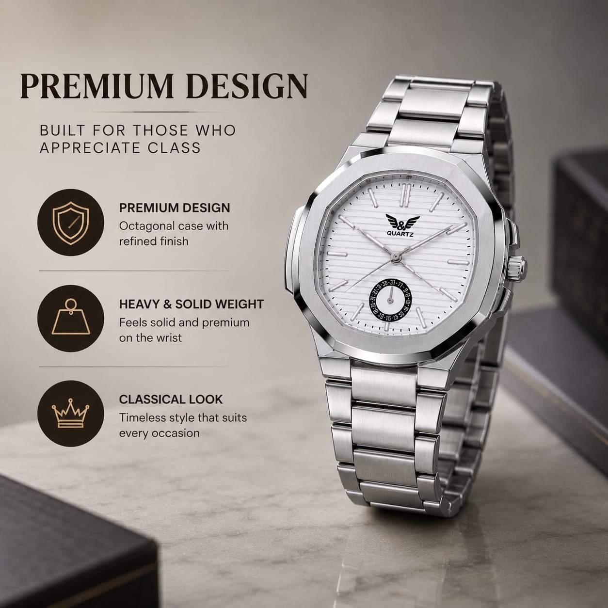 Premium Stainless Steel Watch (Available in Black & White Dial)
