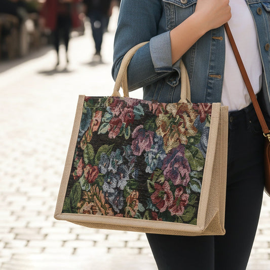 Front view of multipurpose floral print carry hand bag