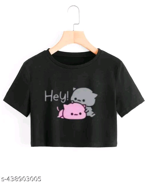 Trendy Cute Kitty Printed Crop T-shirt