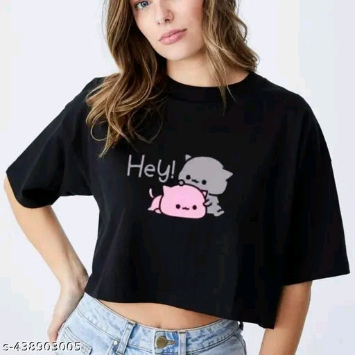 Trendy Cute Kitty Printed Crop T-shirt